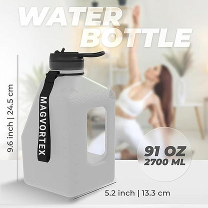 MAGVORTEX 91oz Gym Daily Water Bottle Grey – Large BPA-Free PETG Jug with Magnetic Plate Phone Mount, Leakproof Flip-Top Lid, Wide Mouth for Ice, Straw, Carry Strap, Stable Base, Time Marker