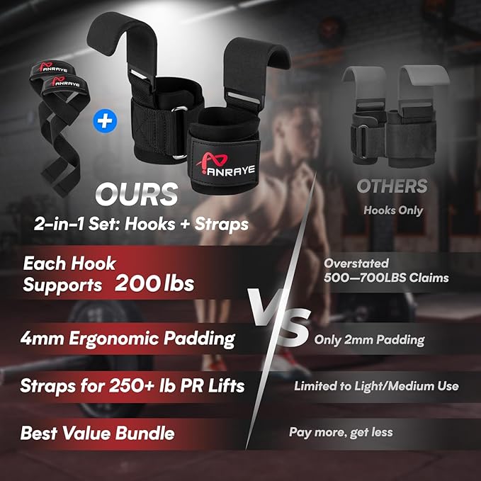 Weight Lifting Hooks & Wrist Straps Set – Lifting Hooks with Anti-Slip Grip, Adjustable Wrist Wraps for Weightlifting, Deadlifts, Powerlifting, Gym Straps for Men and Women, Black-Red