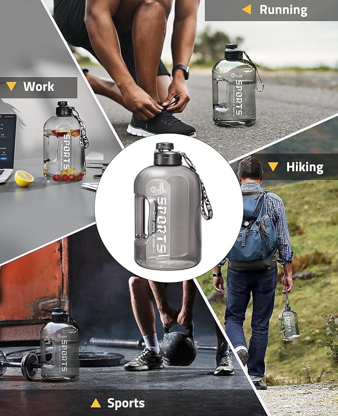 CVLIFE 1 Gallon Water Bottle with Handle, Large Gallon Water Jug with Strap, Big Sports Bottle for Gym, Reusable Black Water Container, 128 oz, Leak Proof, BPA Free