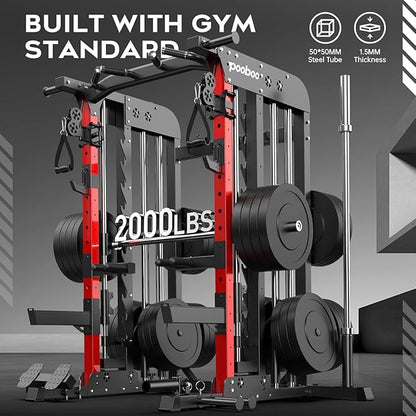 pooboo Multi-Functional Machine Power Cage, 2000LB Squat Rack, LAT-Pull Down System, Dual Pulley Cable Crossover System, Home Gym Workout Machine with Strength Training Attachments