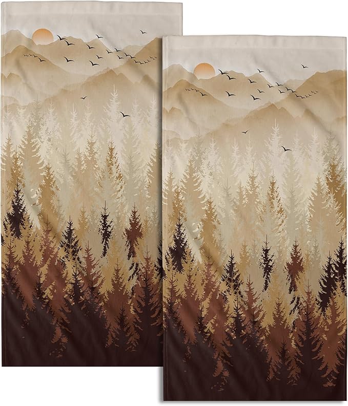 Brown Yellow Misty Forest Hand Towels Set of 2 Fall Mountain Woodland Decorative Bath Towel Nature Pine Trees Foggy Landscape Thin Kitchen Tea Dish Towels for Bathroom Spa Gym