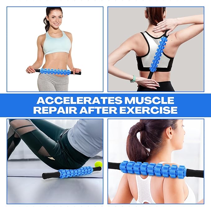 Hiboom 12 Pack Muscle Roller Stick with 9 Independent Rollers Massage Stick Anti-Slip Grip for Yoga Fitness Recovery Lymphatic Drainage Leg Back Pain Relief Athletes Runners Physical Therapy(Blue)