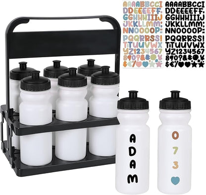 2026 Upgraded Water Bottle Carrier with 8pcs 20 oz Bottles and Stickers, Plastic Wide Squeeze Water Sports Bottles, Foldable Water Bottle Carrier, Soccer Water Bottles, Sports Team, Fitness Bike Gym