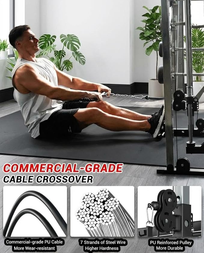 Smith Machine Home Gym All-in-1, 2200LBS Power Cage with Dual Cable Pulley Systems, LAT Pull-Down & Leg Hold-Down | Complete Strength Training Equipment for Full Body Workouts