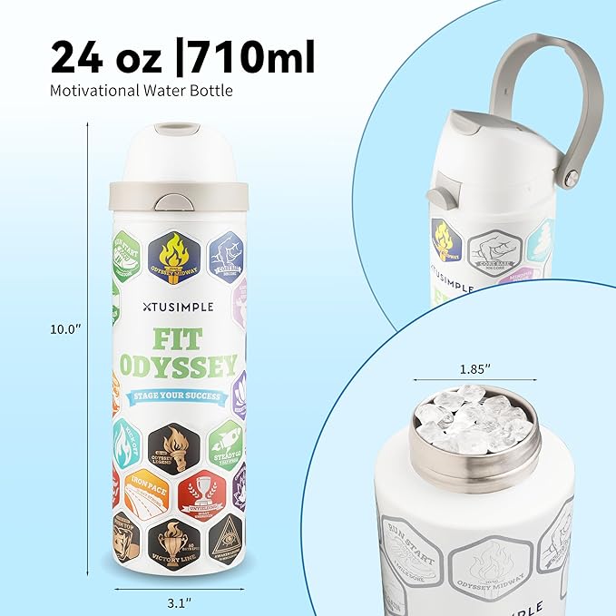 24 oz Motivational Insulated Stainless Steel Water Bottle for Sports, Gym & Travel, 2-in-1 Push-Button Spout & Quick-Flip Straw, Leak-Proof BPA-Free, Keeps Cold 30H, with DIY Fitness Stickers