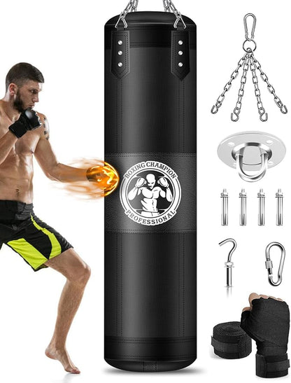 Punching Bag for Adults, 4FT PU Heavy Boxing Bags with Chain Ceiling Hook, Hanging Boxing Bag for Kickboxing Muay Thai Karate Judo Taekwondo Home Gym Training, Unfilled