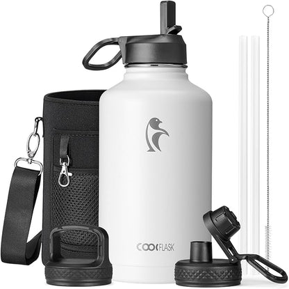 Coolflask Half Gallon Water Bottle Insulated with Straw & 3 Lids, 64 oz Water Jug Large Metal Stainless Steel Wide Mouth for Sports, Gym or Office, Non-BPA Keep Cold 48H Hot 24H, White