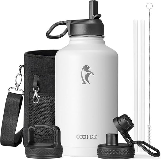 Coolflask Half Gallon Water Bottle Insulated with Straw & 3 Lids, 64 oz Water Jug Large Metal Stainless Steel Wide Mouth for Sports, Gym or Office, Non-BPA Keep Cold 48H Hot 24H, White