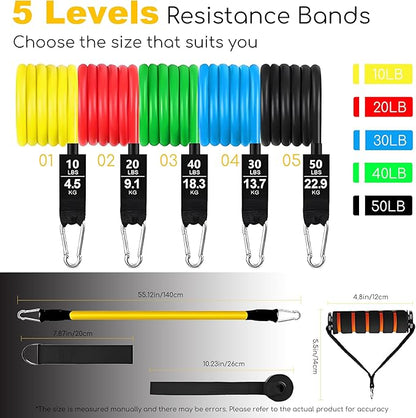Resistance Bands Set with Door Anchor Training System, 5 Colors Stackable up to 150LBS, Includes 5-Angle Door Training Tool, Home Full Body Workout Bands, Handles, Ankle Straps, Portable Bag