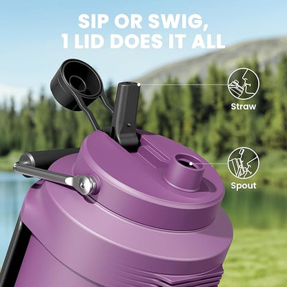 1 Gallon Insulated Water Bottle for Sports: Meoky 128 oz Triple Wall Vacuum Stainless Steel Water Jug - Top and Side Handles, Cold for 48 Hrs, 2-in-1 Straw and Spout Lid, Leak Proof for Hiking (Plum)