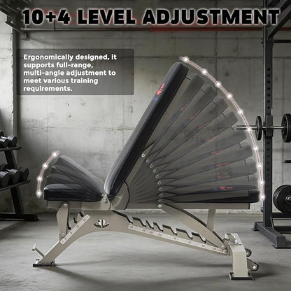Adjustable Weight Bench 1300 lb Capacity, Foldable Workout Bench with 10 Backrest & 3 Seat Positions, Heavy Duty Home Gym Bench for Incline Decline Flat Dumbbell Training