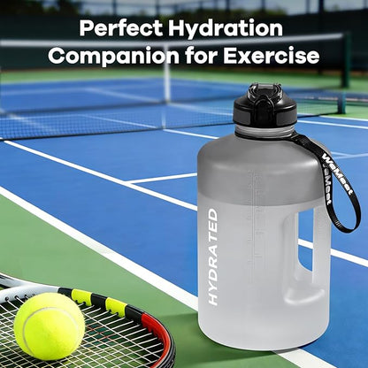 Big Reusable Sport Water Jug with non-slip handle, 1 Gallon Water Bottle with Straw and Time Marker, for All Day Hydration, Exercise and Outdoor (Black White)