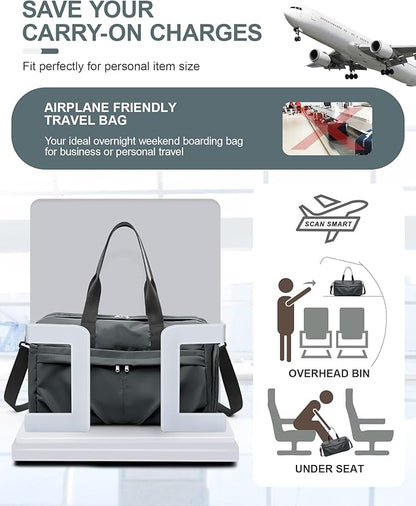 Gym Bag for Women Men with Shoe Compartment, Sport Duffel Bag, Waterproof Travel Weekender Overnight Carry on Bag for Yoga with Trolley Sleeve, Grey