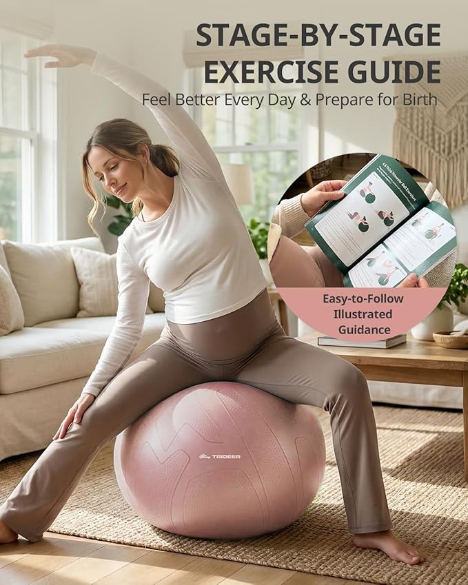 Trideer Pregnancy Birthing Ball, 1.7mm Extra Thick Yoga Ball for Maternity, Labor, Physio, Recovery, Illustrated Exercise Guide & Baby Memory Book Included, 1000LB Anti-Burst & Non-Slip Stability Ball