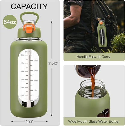 64 oz Glass Water Bolttles with Straw Half Gallon Large Motivational Water Bottle with Time Marker Sports Water Bottles with Silicone Sleeve and Handle Lid Water Jug for Gym Workout