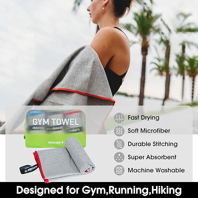 4Monster Microfiber Gym & Travel Towel Set, Quick Dry Camping Towel, Ultra Soft Absorbent Workout Towel for Beach, Pool & Shower (Blue & Gray & Red, 3)