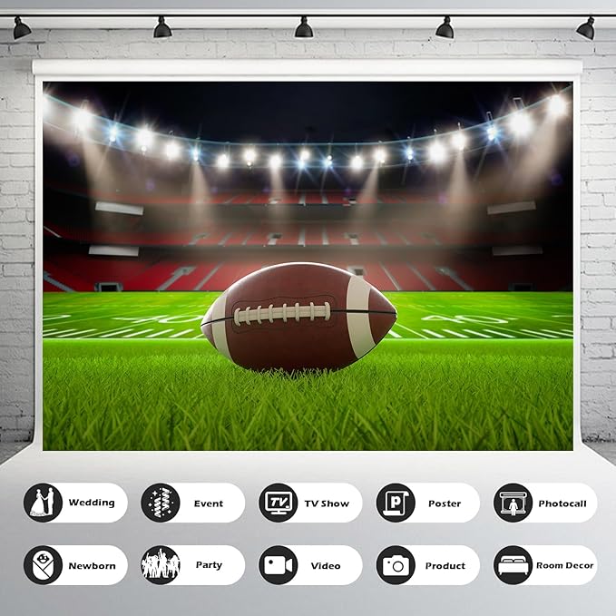 American Football Backdrop Balls on Field in Stadium Photography Background Rugby Sports Soccer Field Backdrop Decor for Boy Birthday Party Cake Table Banner Photo Studio Background Props 20x10ft