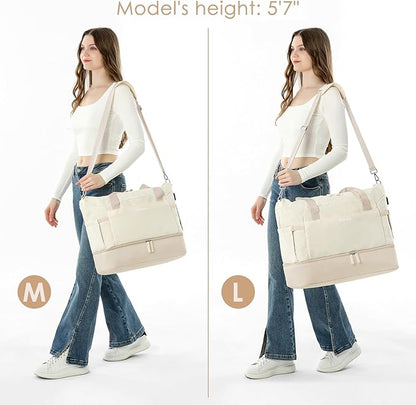 ETRONIK Gym Bag for Women, 45L Carry On Travel Duffel Bag with Shoes Compartment, Weekender Overnight Bag with Wet Pocket & USB Charging Port for Women, Travel, Gym, Weekend, Large Size (Khaki//Beige)