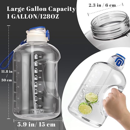 1 Gallon Water Bottle with Straw, 128 oz Large Water Jug with Times to Drink, Reusable Leak Proof with Handle, 2 Lids BPA Free Big Sports Bottles for Fitness Gym Camping (Clear, 128 Ounces)