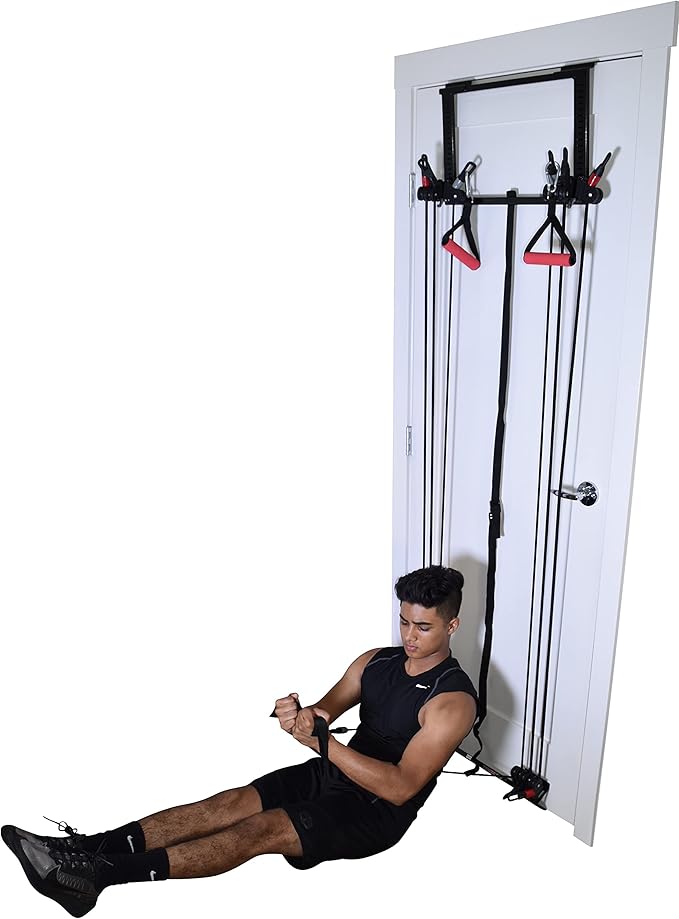 Complete Door Gym Full Body Workout | Home Gym Fitness Exercise System Total Body Strength Training | Includes Heavy Duty Resistance Bands, Straight Bar, 2x Hand Grips, 2x Ankles Straps, DVD