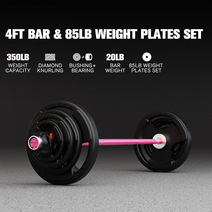 RitFit Barbell Weight Set - 4/6FT Olympic Barbell with Weight Plates (55-115LB Total) - Weightlifting Equipment for Squats, Curls, Deadlifts, Presses, Hip Thrusts