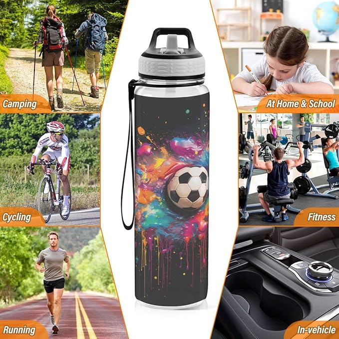 ALAZA Watercolor Soccer Ball Sport Sports Water Bottle with Straw Tritan Drink Bottle 32 oz BPA Free Reusable for Travel Outdoor Fitness