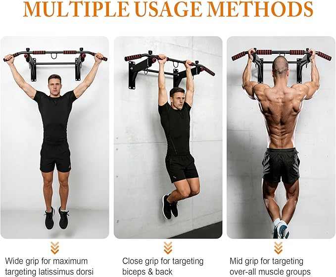 Wall Mounted Pull Up Bar, 250 lbs Heavy Duty Upper Body Fitness Workout Bar for Home Gym Exercise, Multi-Grip Strength Wall Mounted Door Frame Chin-Up Bar for Almost All Door, Pull Up Assistance Bands