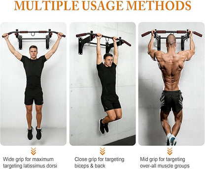 Wall Mounted Pull Up Bar, 250 lbs Heavy Duty Upper Body Fitness Workout Bar for Home Gym Exercise, Multi-Grip Strength Wall Mounted Door Frame Chin-Up Bar for Almost All Door, Pull Up Assistance Bands