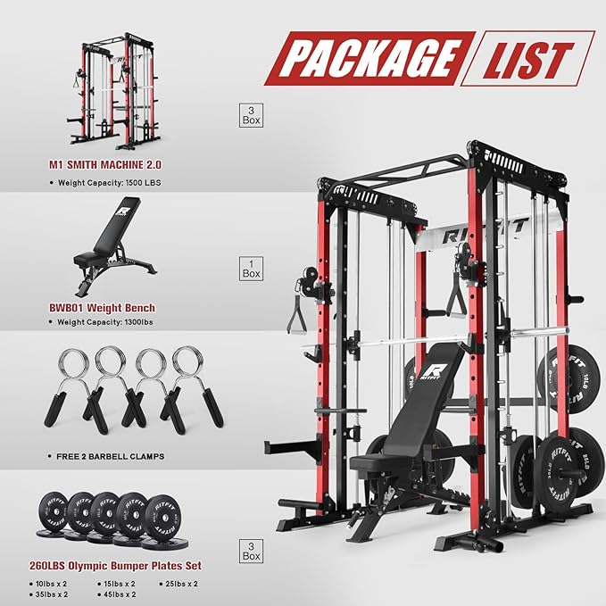 RitFit M1 Pro Smith Machine with Cable Crossover System, Multi-Function Squat Rack Power Cage for Home Gym, Power Rack and Packages