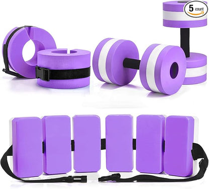 5 Pcs Pool Aquatic Exercise Set Including 2 Lightweight Water Dumbbells, 2 Ankle Swimming Weights, and Swim Belt Water Exercise Equipment for Aquatic Aerobics
