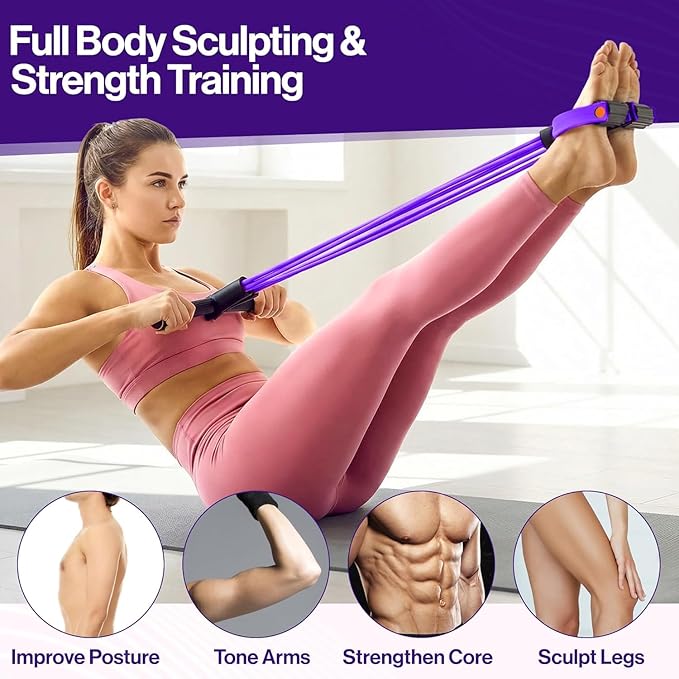 Resistance Bands with Handles, 8-Tube Elastic Foot Pedal Resistance Band, Figure 8 Resistance Band for Women 15-90LBS, Fitness Resistance Bands for Abdomen, Waist, Arm, Leg (Purple)