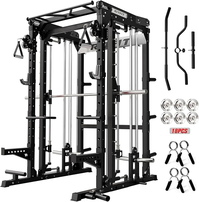 RitFit M2 Smith Machine with with Cable Crossover System, 3D Functional Trainer & Power Cage, 16 Adjustment Holes, 6 Storage Pegs for Full-Body Home Gym