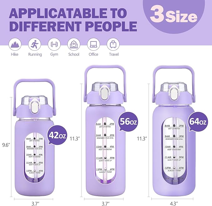 kytffu 42oz Glass Water Bottles with Straw, Motivational Glass Bottle with Silicone Sleeve and Time Marker, Leakproof Large Glass Water Jug for Gym Home Office,Purple