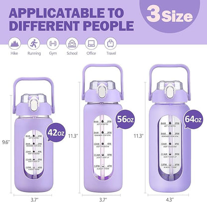 kytffu 64oz Glass Water Bottles with Straw, Half Gallon Motivational Glass Bottle with Silicone Sleeve and Time Marker, 2L Leakproof Large Glass Water Jug for Gym Home Office, Purple