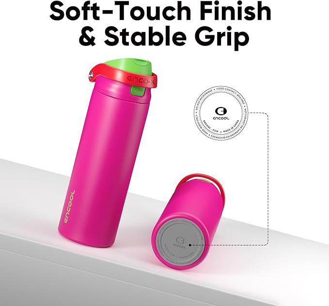 ENCOOL Leakproof Insulated Water Bottle with Straw Dual-Sip Water Bottle Bag-Safe Design for Work, Commute & Gym – Keeps Drinks Cold All Day, 32 oz, Neon Pink