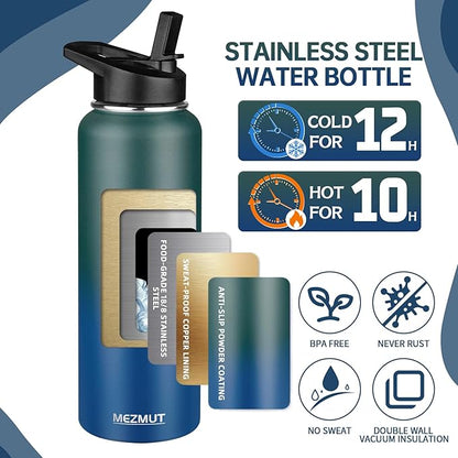 Insulated Water Bottle with Straw&2 Lids 40oz Stainless Steel Water Bottles Sports Metal Water Bottle Double Walled Vacuum Insulated Bottles Leak-Proof Travel Cup (Green Blue)