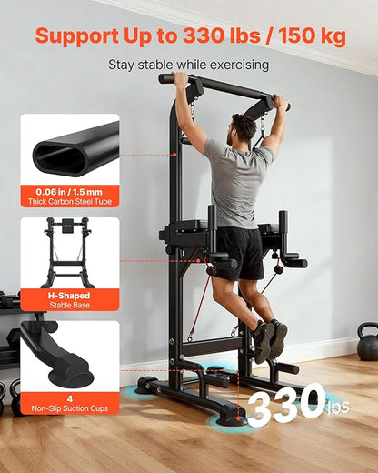 VEVOR Pull Up Bar, 330 LBS Power Tower Dip Station, Workout Dip Station with H-Shaped Stable Base & Back Pad, Adjustable 12 Level Height Free Standing Chin Up Bar for Back, 4-Level Adjustable Back Pad