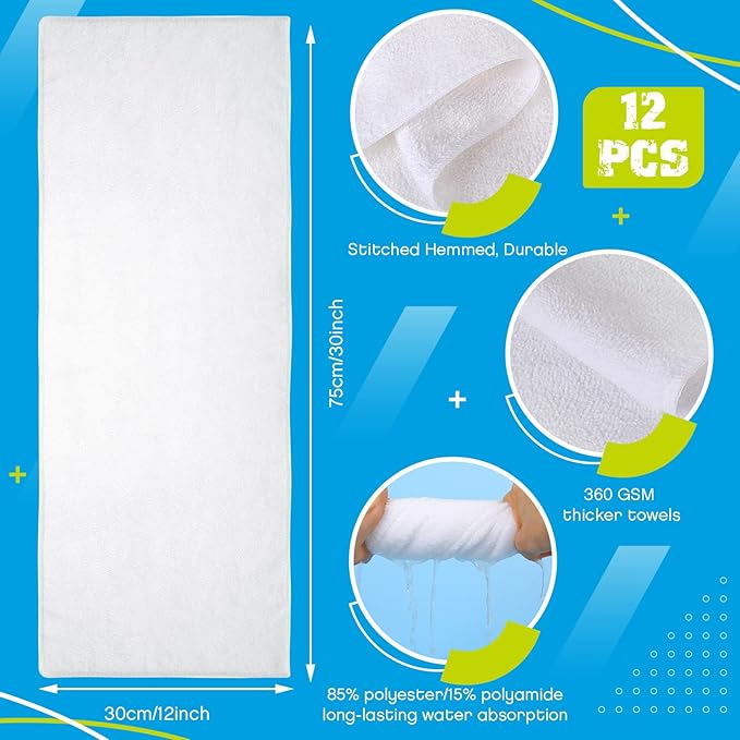 Handepo 12 Pcs Microfiber Workout Gym Towels, 360 GSM 12x30 Inch Fast Drying Yoga Towels for Sweat, Soft Gym Towel for Men Women Travel Sports(White)