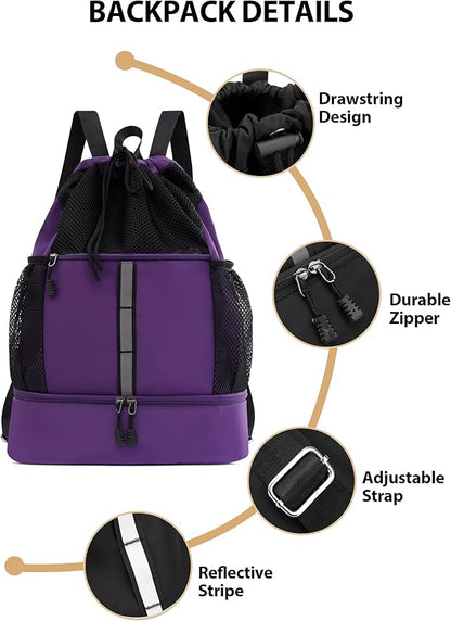 U.helper Waterproof Gym Drawstring Backpack, Sports Sack with Shoes Compartment & Wet Pockets for Ball/Beach/Swim Training