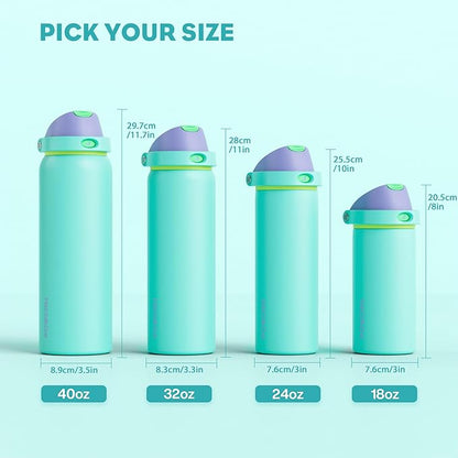 POWCAN 18 oz Insulated Water Bottle: 2-in-1 Push-Button Spout & Quick-Flip Straw, Leakproof, Cold 24Hrs, Fits Car Cup Holder, Stainless Steel Sports Water Bottle, Gift for Women, Girls (Sea Princess)