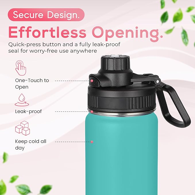 Y TOP 18 oz Insulated Water Bottle Leak Proof Spout Lid Fits in Car Cup Holder – Double Wall Dishwasher Safe Easy Clean stainless steel drinking water bottle for Gym Kids Sports Travel Hiking School