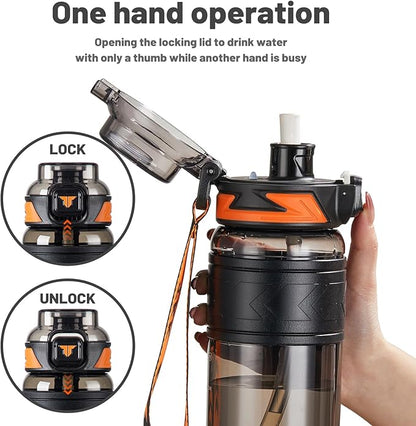 TKK Sports Water Bottles with Removable Straw 29 oz Leak-proof Flip Top Lid BPA Free Tritan Bottles with Strap for School, Fitness, Gym, Outdoor, Black