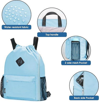 WANDF Drawstring Backpack Sports Gym Bag with Shoes Compartment, Water-Resistant String Backpack Cinch for Women Men(Large,Light blue)