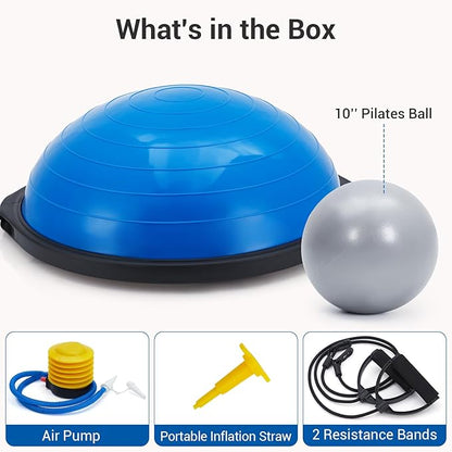 23/25in Balance Ball, 1600 lbs Half Exercise Ball with Nonslip Base, Inflatable Half Ball Balance Trainer, Stability Half Yoga Ball Strength Training Equipment with 2 Bands, Pump, Extra Ball Included