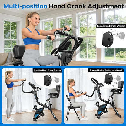 pooboo Folding Exercise Bike, Foldable Upright Stationary Bike, Indoor Cycling Magnetic X-Bike with 8-Level Adjustable Resistance, 6.6 LBS Flywheel, 300LB Capacity, Back Support Cushion for Home Gym