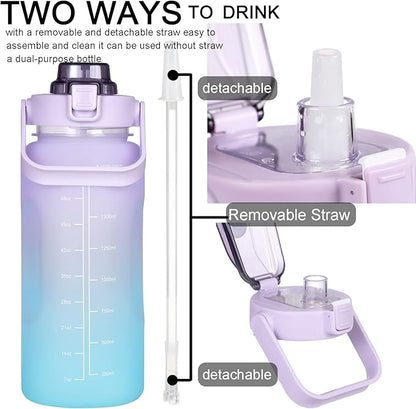 RYI Large Half Gallon 64 OZ Motivational Water Bottle with Straw Time Marker BPA Free for Sport and Fitness Purple Green