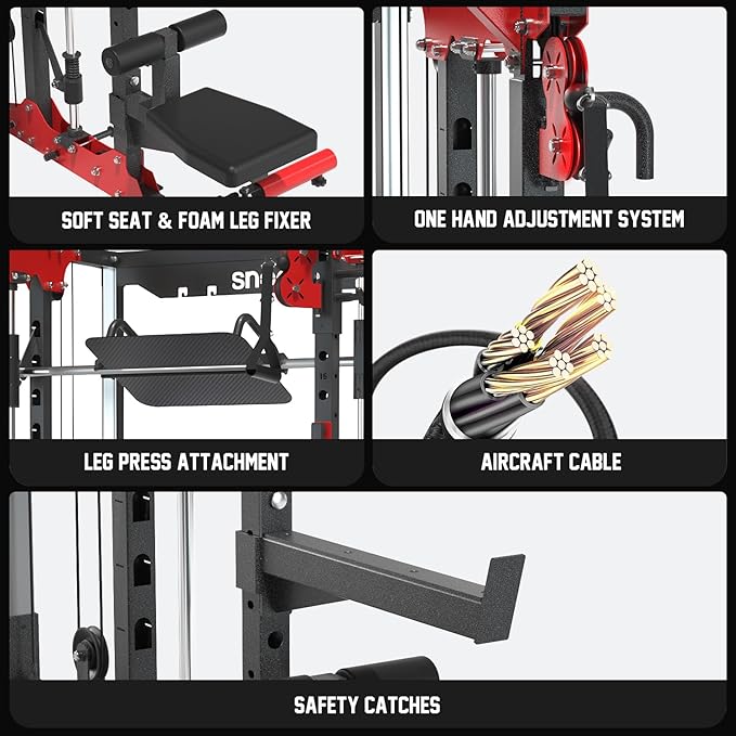 SNODE ALL10 Smith Machine for Home Gym, Power Rack with Cable Crossover, Squat Rack with Leg Press and Advanced LAT Pull-Down Seat, 2000LB Weight Capacity