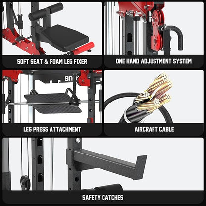 SNODE ALL10 Smith Machine for Home Gym, Power Rack with Cable Crossover, Squat Rack with Leg Press and Advanced LAT Pull-Down Seat, 2000LB Weight Capacity