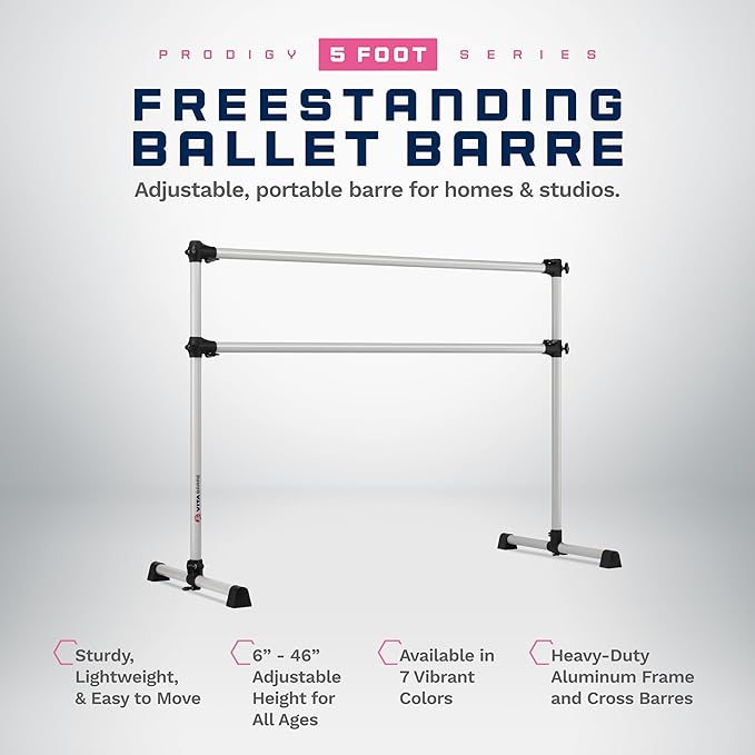 VITA Barre Portable Freestanding Double Ballet Barre, Prodigy, Aluminum | Adjustable Height, USA Made, Home or Gym Exercise Equipment for Kids & Adults | Dance, Fitness, Pilates