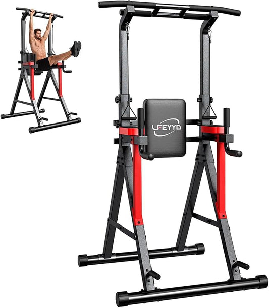 Power Tower Pull Up Bar Free Standing - 13-Level Adjustable Height Dip Station with X-Frame Stability, Multi-Grip Handles, Backrest, Anti-Slip Foot Pads - Home Gym Strength Training Equipment 400LBS